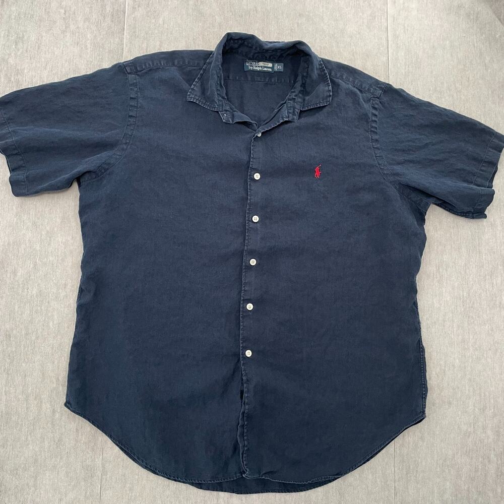 Polo Ralph Lauren Shirt Adult Extra Large Blue Linen Button Up Short Sleeve Mens